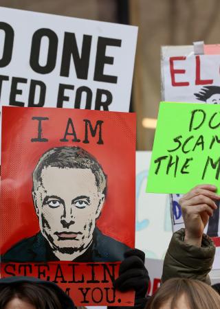 Protesters hold signs criticizing Elon Musk. One reads 'NO ONE VOTED FOR ELON MUSK,' another features his portrait with 'I AM STEALING FROM YOU,' and a neon green sign says 'DOGE SCAMS THE MILITARY.' More signs are visible in the background.