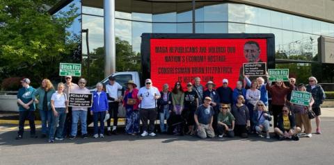 Indivisible Bucks County held four different rallies across the district, demanding that Republican Rep. Brian Fitzpatrick (PA-01) protect veterans, schools and seniors by passing a clean debt ceiling bill.